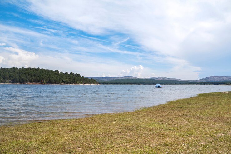 Paisaje fresco y veraniego con un gran río rodeado de naturaleza y un pequeño yate en medio del agua.