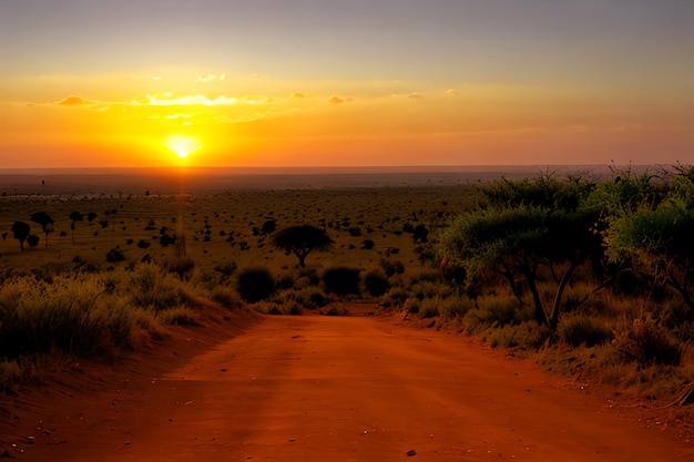 Paisaje de África con cálida puesta de sol.