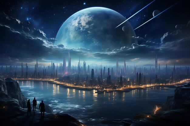 un paisaje futurista de la ciudad ambientado contra el telón de fondo de planetas y galaxias