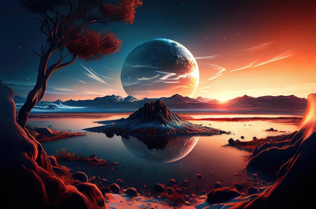 Foto paisaje futurista de fantasía y ciencia ficción del planeta alienígena desconocido con la luna hecha con ia generativa