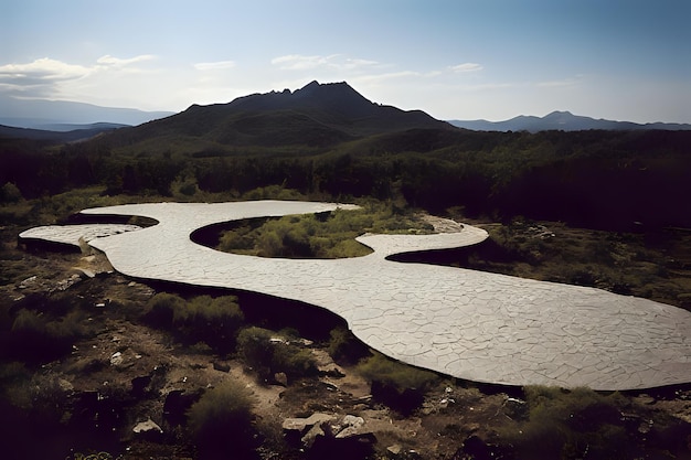 Paisaje futurista moderno con montañas al fondo.