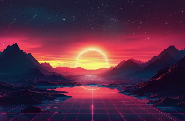 Foto paisaje futurista con montañas y un sol rosado