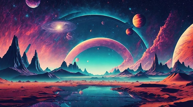 Paisaje futurista retro del fondo del universo