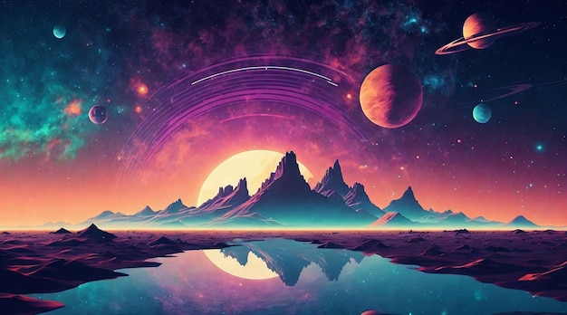 Paisaje futurista retro del fondo del universo