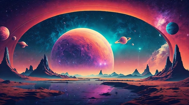 Paisaje futurista retro del fondo del universo