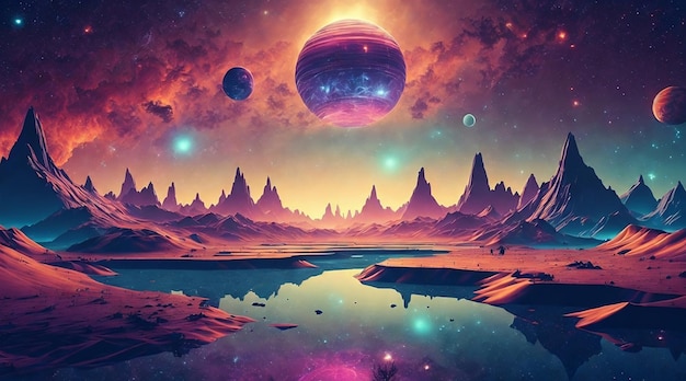 Paisaje futurista retro del fondo del universo