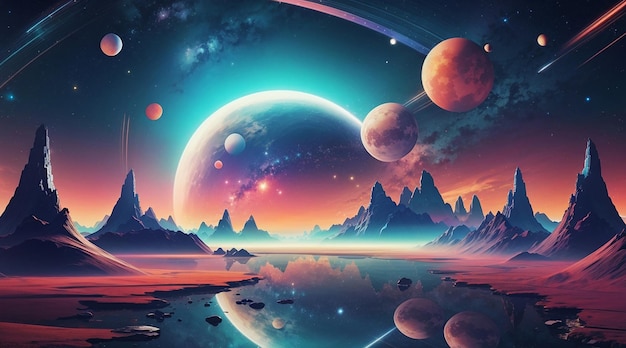 Paisaje futurista retro del fondo del universo