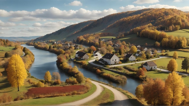 Paisaje generativo de IA del otoño en el campo, la carretera está junto al río