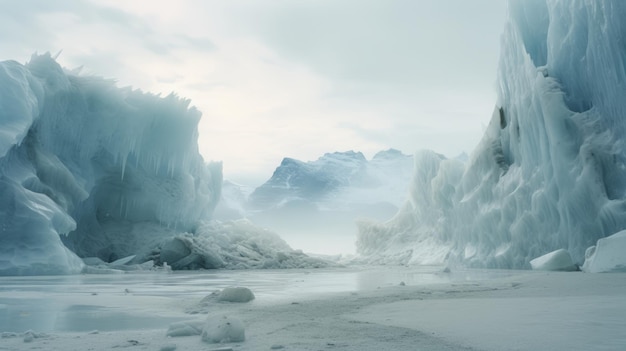 Paisaje glacial etéreo Pintura post-apocalíptica con criaturas místicas