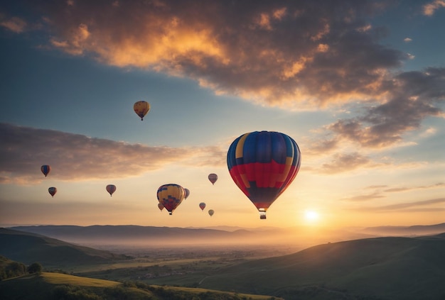 Paisaje con globo de aire caliente contra la puesta de sol