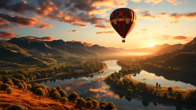 Paisaje de globo de aire caliente en el momento de la puesta del sol