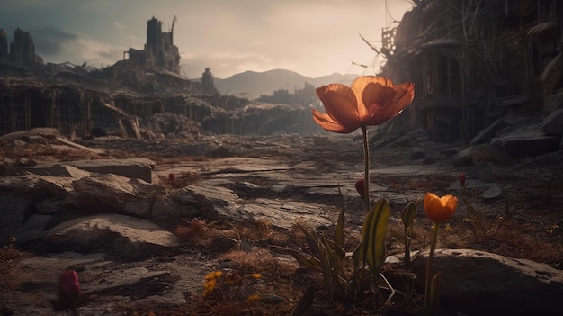 Un paisaje con una gran flor naranja en primer plano y unas ruinas al fondo.