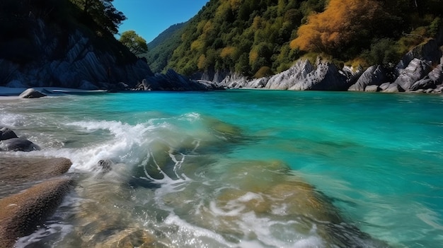 Paisaje de un gran y hermoso río turquesa transparente que fluye entre el bosque de acantilados naturales