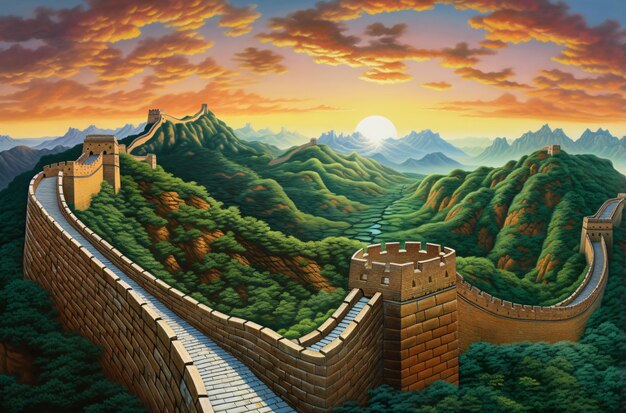 Foto paisaje de la gran muralla china con montañas en el estilo de tantacy vibrante