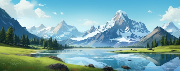 Paisaje con grandes montañas en forma y un gran lago azul limpio y colorido panorama