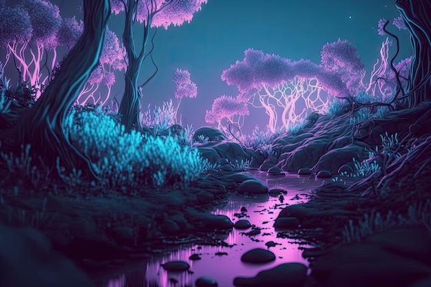 Paisaje de hadas en un maravilloso bosque ultravioleta como en una escena de cuento de hadas