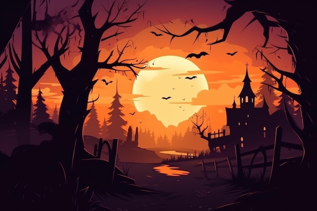 Un paisaje de Halloween con un castillo y murciélagos.