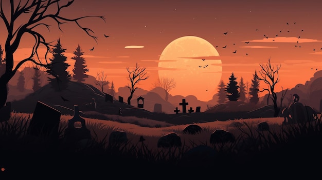 Paisaje de Halloween con un paisaje espeluznante de cielo nocturno, bosque de fantasía a la luz de la luna, IA generativa