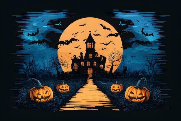 El paisaje de Halloween risógrafo glitch póster surrealista el fondo del collage chaosfunk