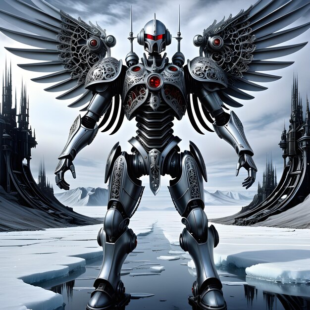 Foto en el paisaje helado un ángel biomecánico cybermech se encuentra alto e imponente sus alas metálicas g