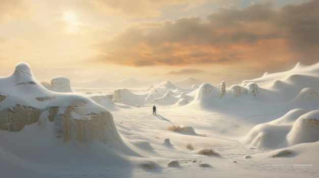 Un paisaje helado con un hombre parado en medio de la nieve.