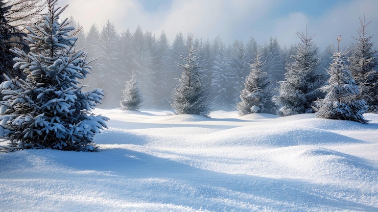 Paisaje helado de invierno en el bosque nevado telón de fondo de Navidad