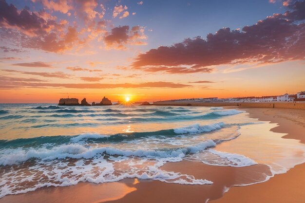 Paisaje de una hermosa puesta de sol reflejada en el mar desde la playa en portugal algarve