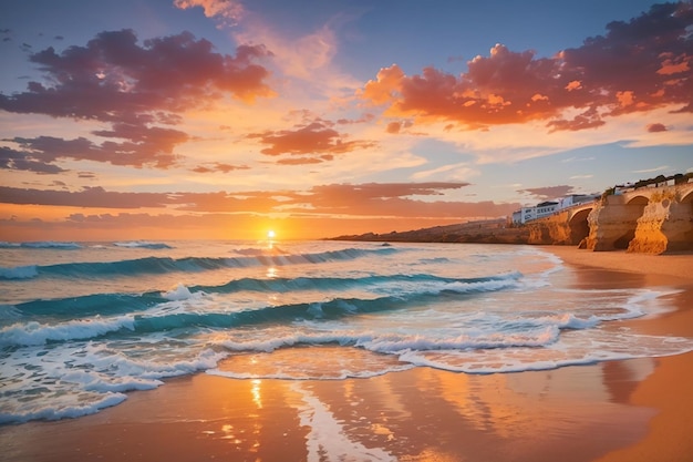 Paisaje de una hermosa puesta de sol reflejada en el mar desde la playa en portugal algarve
