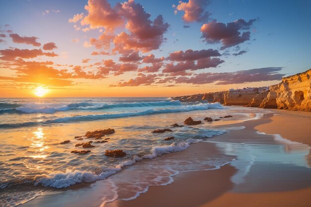 Paisaje de una hermosa puesta de sol reflejada en el mar desde la playa en portugal algarve