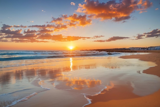 Paisaje de una hermosa puesta de sol reflejada en el mar desde la playa en portugal algarve