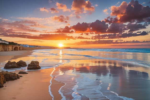 Paisaje de una hermosa puesta de sol reflejada en el mar desde la playa en portugal algarve