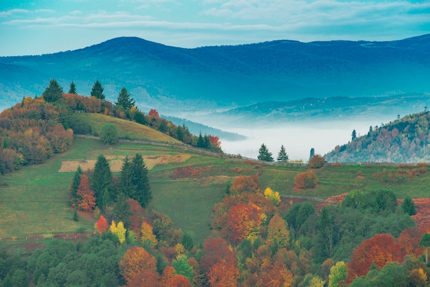 Paisaje hermoso de la mañana con las montañas de niebla del otoño.