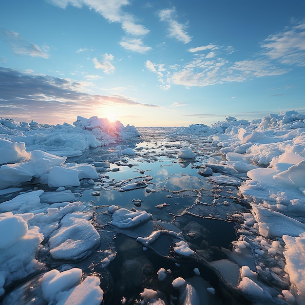 Paisaje de hielo marino durante la puesta de sol