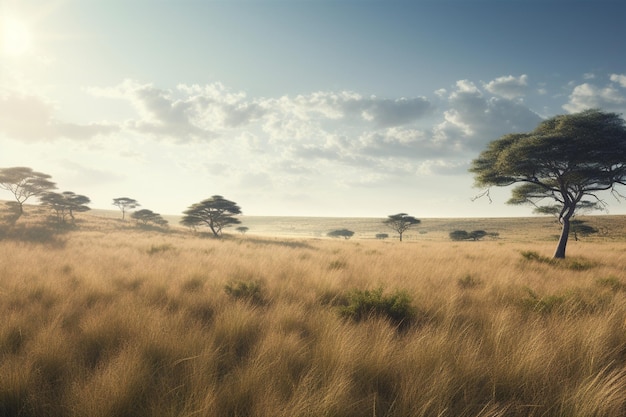 Un paisaje de hierba y árboles con el sol brillando sobre ellos