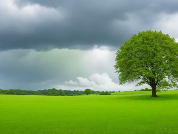 Paisaje de hierba libre con un árbol y una nube de lluvia