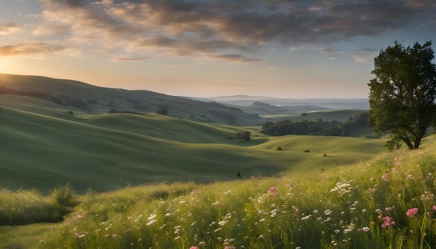 paisaje con hierba y montañas