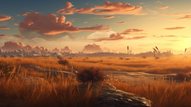 Paisaje hiperrealista de ciencia ficción Campo de ámbar al atardecer