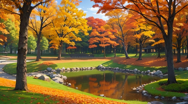 Paisaje de hojas de arce rojas en el parque de otoño