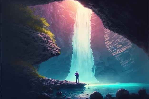 Paisaje del hombre mirando la espléndida cascada en la roca cavernosa con una hermosa luz solar Concepto de fantasía Pintura de ilustración IA generativa