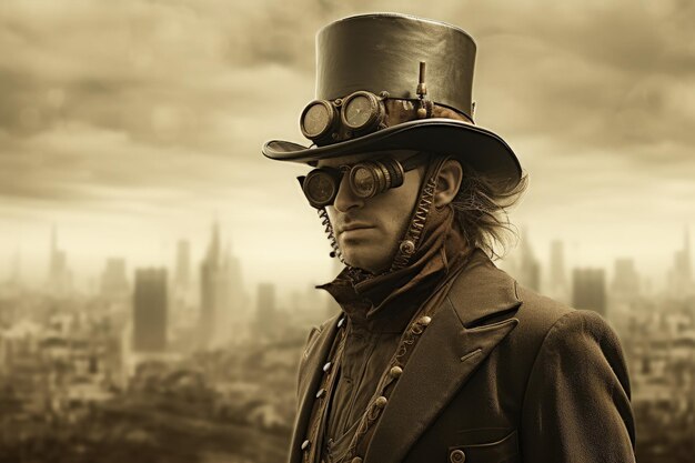 Paisaje con un hombre con sombrero de alto vestido en estilo steampunk ciudad en el fondo IA generativa