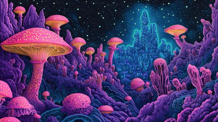 Paisaje de hongos bioluminescentes con una ciudad futurista