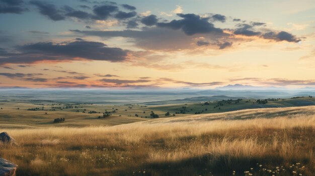 Paisaje de la Hora de Oro Un montón de hierba hiperrealista con tonos de tierra expansivos