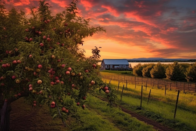 Paisaje de huerto de manzanos durante la puesta de sol creado con IA generativa