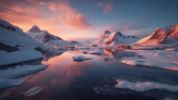 Un paisaje con icebergs y montañas al fondo