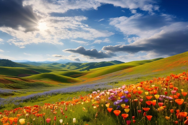Paisaje idílico con vibrantes flores silvestres y colinas verdes bajo un azul