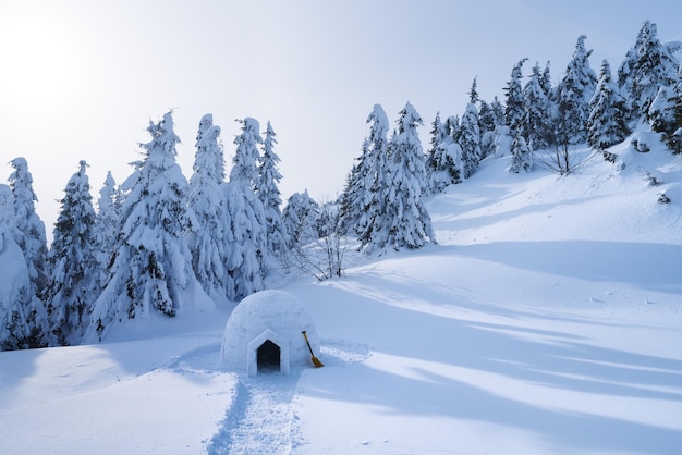 Paisaje con iglú de nieve Casa extrema Invierno en la montaña