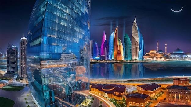 Paisaje iluminado de la ciudad de Doha