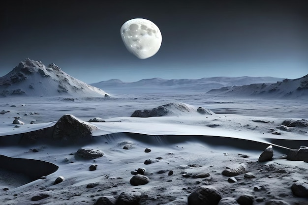 Un paisaje iluminado por la luna con un paisaje nevado y una luna en el cielo.