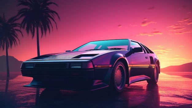 Paisaje de ilustración de automóvil personalizado futurista en el fondo estilo retro vaporwave IA generativa