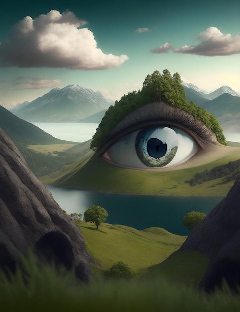 paisaje con ilustración de ojos